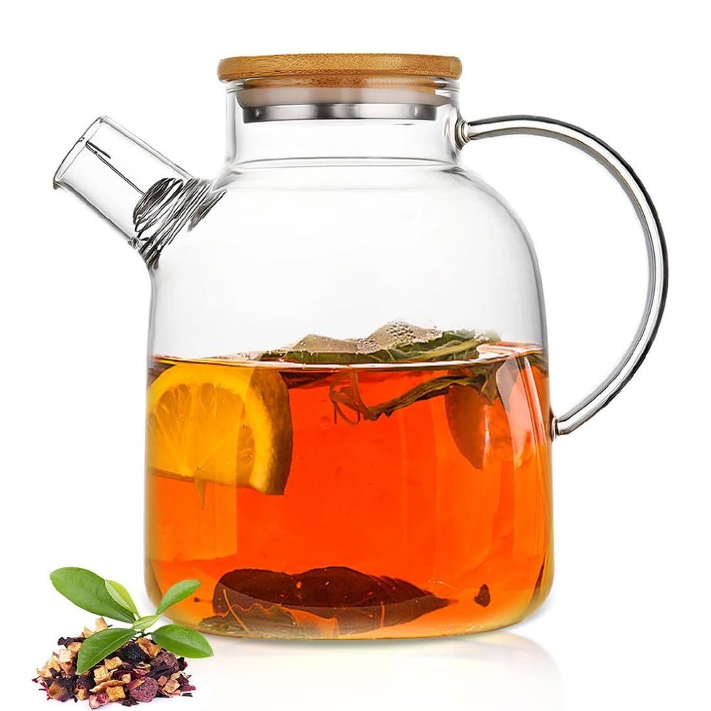60.8oz Glass Teapot, Stovetop & Microwave Safe Glass Borosilicate Tea Pot,Clear Teapot with Strainer, Glass Tea Kettle with Wooden Lid, Loose LeafFruit Tea and Fragrant Tea