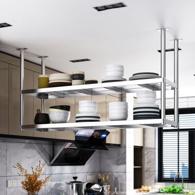 SOBS 2-Layer Stainless Steel Floating Shelves, Hanging Flower Stand Pot Plate Rack Ceiling Mounted Storage Shelf for Kitchen Bar Restaurant Decoration, 6 Sizes (Size : 60x35x80cm)