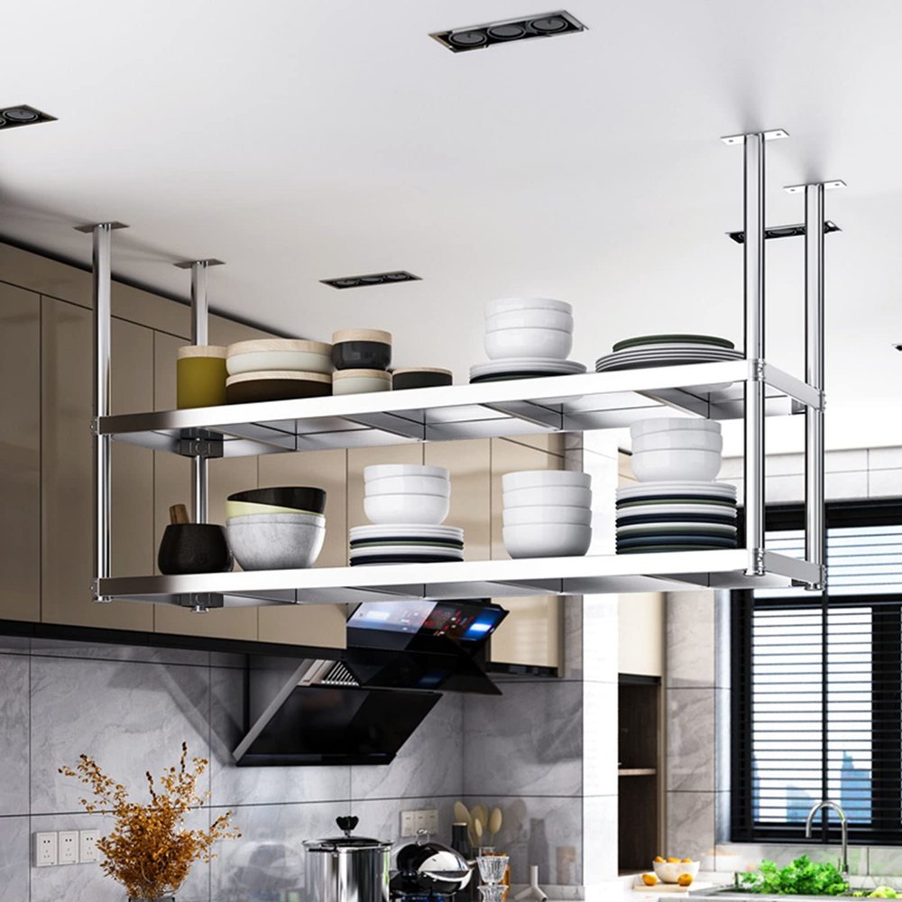 SOBS 2-Layer Stainless Steel Floating Shelves, Hanging Flower Stand Pot Plate Rack Ceiling Mounted Storage Shelf for Kitchen Bar Restaurant Decoration, 6 Sizes (Size : 60x35x80cm)