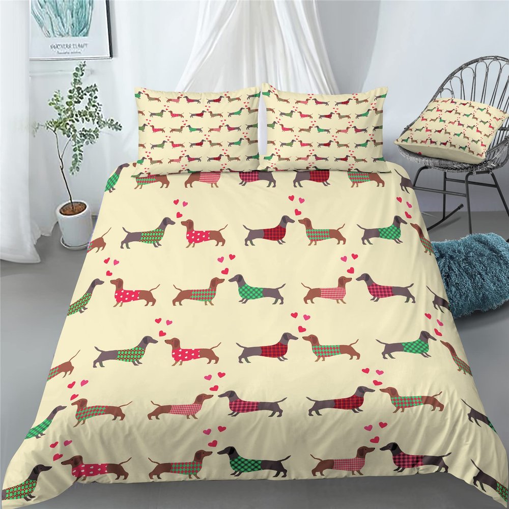 REALIN Dogs Duvet Cover Set Puppies Dachshund Cute Pets Bedding Girl Boy Kids Bed Sets 2/3/4PCS Quilt Covers/Sheets/Pillow Shams,Twin/Full/Queen/King (D,Full-200x229cm-4PCS)
