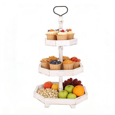 3-Tier Distressed White Wooden Serving Tray - Rustic Tiered Serving Stand for Fruit, Cupcakes, Snacks - Decorative Farmhouse Serving Platter for Party, Wedding, Kitchen Countertop