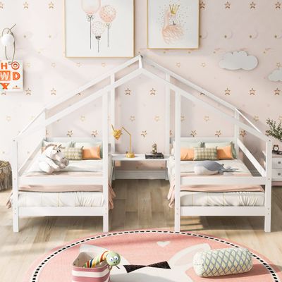 HUIJU Double Twin Size Platform Bed Frames with Built-in Table,No Box Spring Needed,Triangular House Beds, White