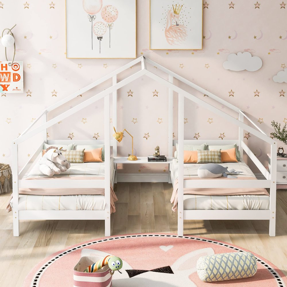 HUIJU Double Twin Size Platform Bed Frames with Built-in Table,No Box Spring Needed,Triangular House Beds, White
