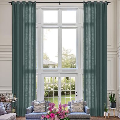 Fcosie Extra Long 132 Inches Linen Curtains for High Ceiling Living Room Bedroom, 11 FT Nickel Grommets Custom Made Drapes, Bluestone Privacy Drapery for Loft Sliding Door, 1 Panel, 50" Wx132 L