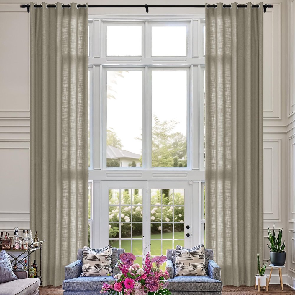 Fcosie Extra Long 132 Inches Linen Curtains for High Ceiling Living Room Bedroom, 11 FT Nickel Grommets Custom Made Drapes, Island Fossil Privacy Drapery for Loft Sliding Door, 1 Panel, 50" Wx132 L