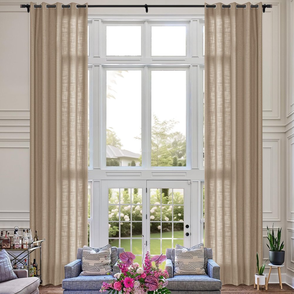Fcosie Extra Long 132 Inches Linen Curtains for High Ceiling Living Room Bedroom, 11 FT Nickel Grommets Custom Made Drapes, Tapioca Privacy Drapery for Loft Sliding Door, 1 Panel, 50" Wx132 L