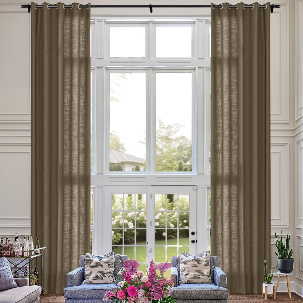 Fcosie Extra Long 132 Inches Linen Curtains for High Ceiling Living Room Bedroom, 11 FT Nickel Grommets Custom Made Drapes, Cocoa Creme Privacy Drapery for Loft Sliding Door, 1 Panel, 50" Wx132 L