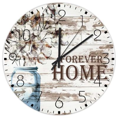 12x12 Inch Minimalist Clock Forever Home Home Decor for Living Room Personalized Mason Jar Floral Wall Clocks Round Wooden Wall Clock Rustic for Dining Room Nursery