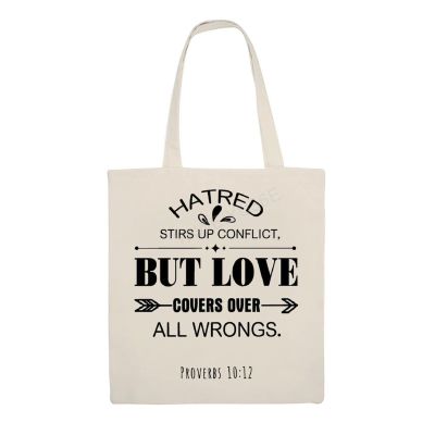 Beach Bags, Love Covers over All Wrongs Reusable Canvas Shopping Bag with Interior Pocket Multi purpose Grocery Bags for Women Men Kids