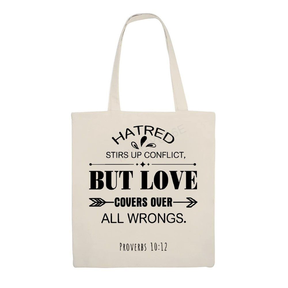 Beach Bags, Love Covers over All Wrongs Reusable Canvas Shopping Bag with Interior Pocket Multi purpose Grocery Bags for Women Men Kids