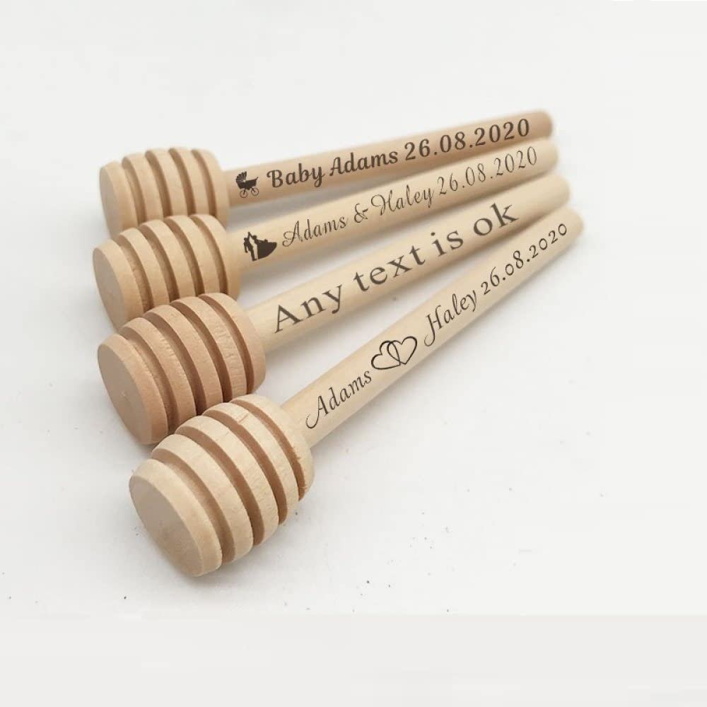 30Pcs Personalized Wooden Honey Mixing Stirrer Honey Dipper Sticks Honey Spoon Custom Text Wedding Party Gifts Baby Shower & Dessert Utensils Wooden Spoons ,10cm