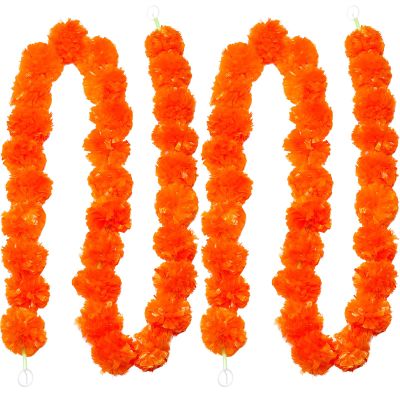 2 Pack 5 ft Day of the Dead Marigold Garland Marigold Flowers for Diwali Indian Dia De Los Muertos Halloween Faux Garlands Wedding Garland for Mantle Decor Day of the Dead Decor(Orange)