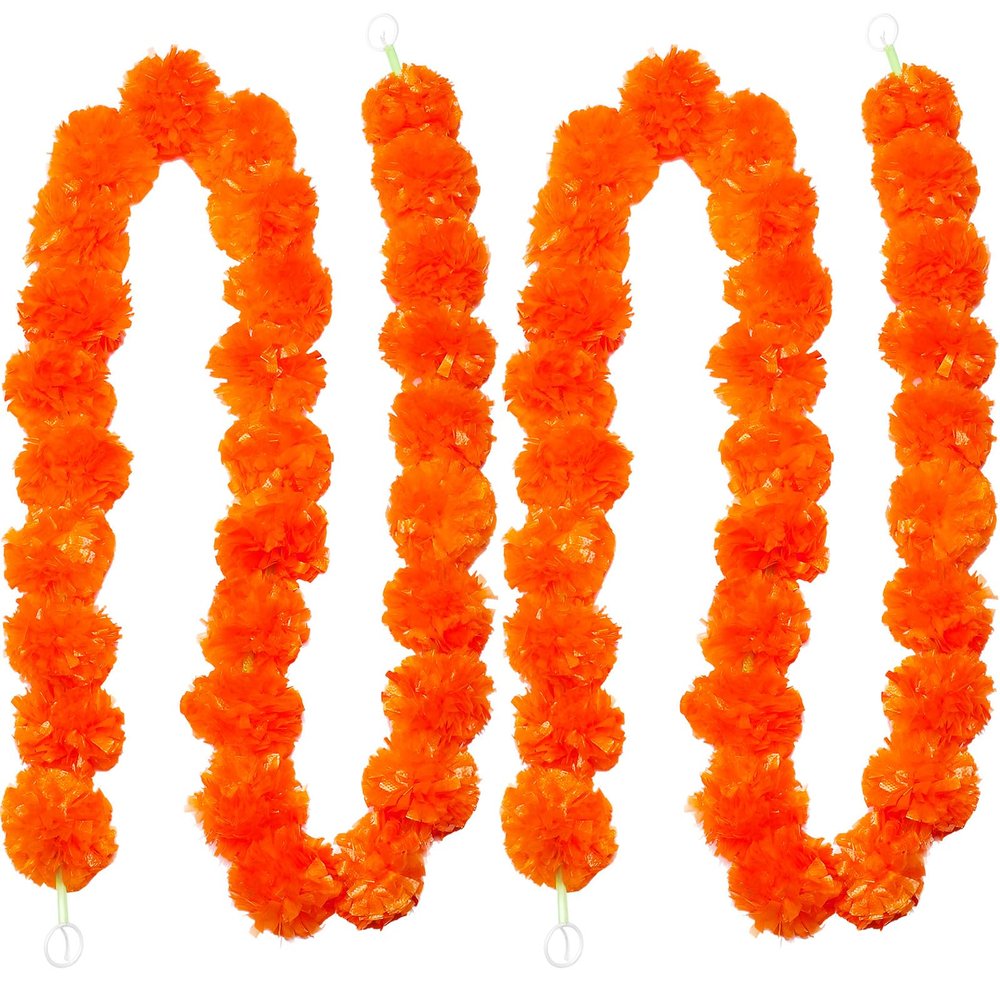 2 Pack 5 ft Day of the Dead Marigold Garland Marigold Flowers for Diwali Indian Dia De Los Muertos Halloween Faux Garlands Wedding Garland for Mantle Decor Day of the Dead Decor(Orange)