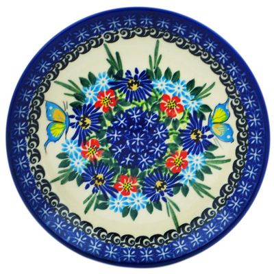 Polmedia Polish Pottery Dessert Plate UNIKAT - Butterfly Flower Bed Pattern Handmade in Boleslawiec Poland by Ceramika Dalia + Certificate of Authenticity