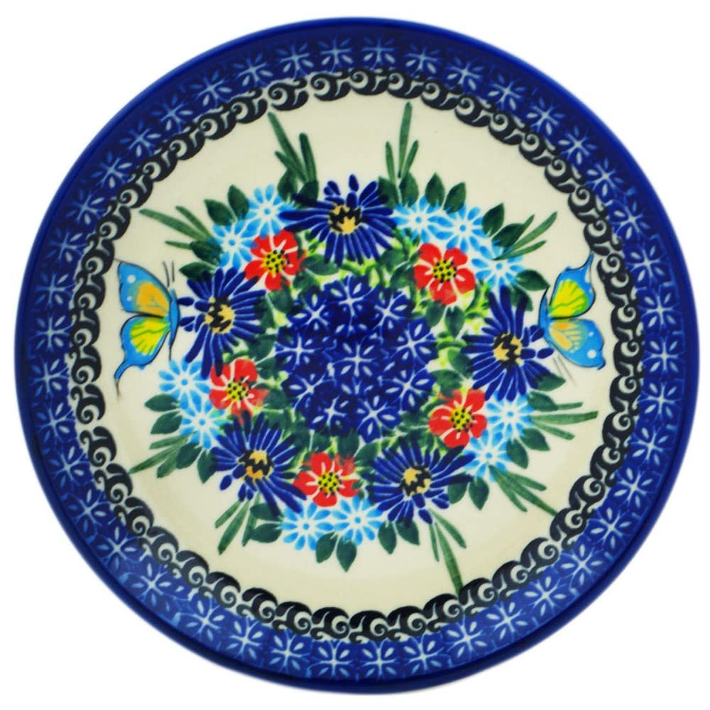Polmedia Polish Pottery Dessert Plate UNIKAT - Butterfly Flower Bed Pattern Handmade in Boleslawiec Poland by Ceramika Dalia + Certificate of Authenticity