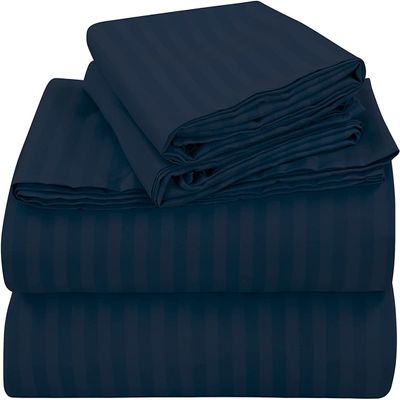 100% Egyptian Cotton, 6 - Piece Sheet Set, Pure Sateen Weave & 400 Thread Count Hotel-Collection Bedding Sheets with Fitted Sheet 15-16 Inches Deep Pocket-Navy Blue Stripe,Twin Size.