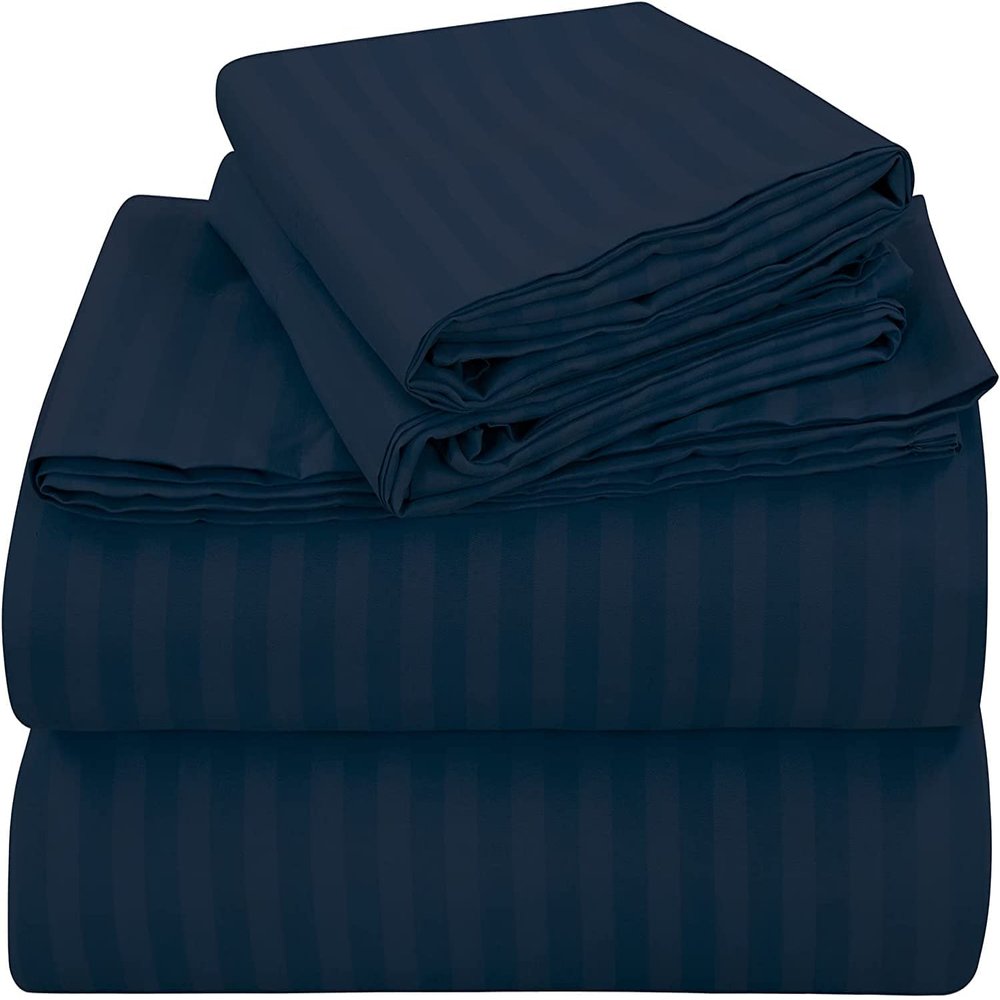 100% Egyptian Cotton, 6 - Piece Sheet Set, Pure Sateen Weave & 400 Thread Count Hotel-Collection Bedding Sheets with Fitted Sheet 15-16 Inches Deep Pocket-Navy Blue Stripe,Twin Size.