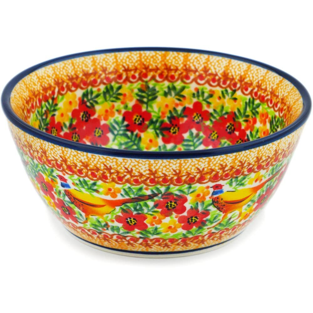 Polmedia Polish Pottery Bowl 6-inch UNIKAT - Magnificent Pheasant Pattern Handmade in Boleslawiec Poland + Certificate of Authenticity