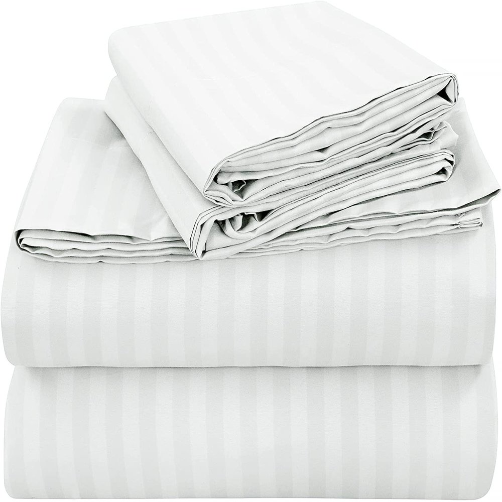 100% Egyptian Cotton, 6 - Piece Sheet Set, Pure Sateen Weave & 400 Thread Count Hotel-Collection Bedding Sheets with Fitted Sheet 15-16 Inches Deep Pocket-White Stripe,Full-XXL Size.