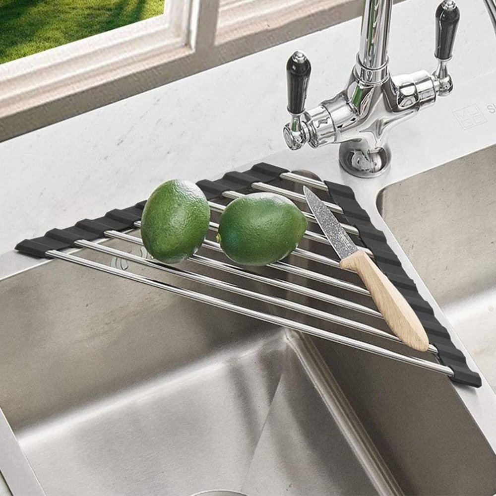 Ahyuan Roll up Dish Drying Rack Over The Sink Kitchen Roll up Sink Drying Rack Portable Dish Drainer Foldable Dish Drying Rack (Black, Triangle 16.3''X9.4'')