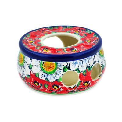 Polmedia Polish Pottery Heater UNIKAT - Sweet Red Petals Pattern Handmade in Boleslawiec Poland by Ceramika Artystyczna + Certificate of Authenticity