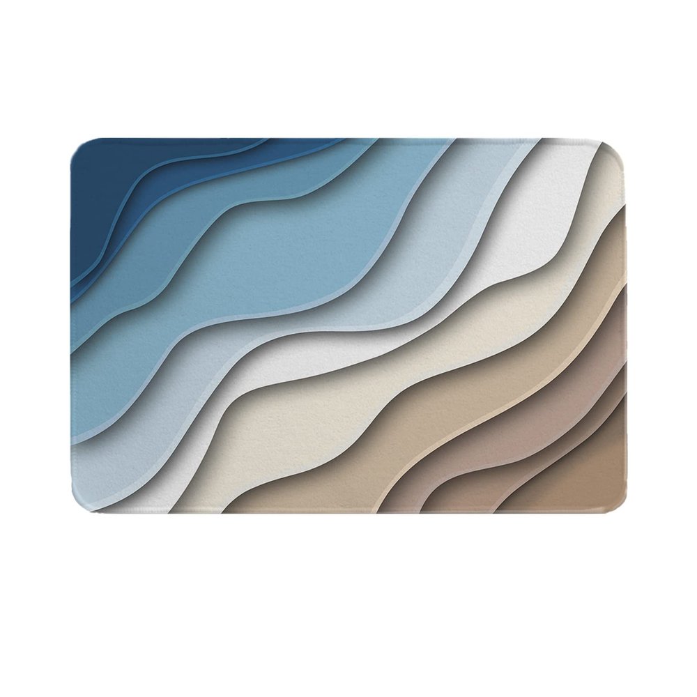 Blue White Brown Kitchen Bath Shower Door Welcome Mat for Bedroom/Living/Laundry Room,Washable Bathroom Bathtub Runner Rug,Abstract Modern Ocean Seawaves Geometric Art Indoor Outdoor Doormat,16"x24"