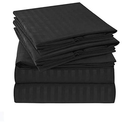 100% Egyptian Cotton, 6 - Piece Sheet Set, Pure Sateen Weave & 400 Thread Count Hotel-Collection Bedding Sheets with Fitted Sheet 15-16 Inches Deep Pocket-Black Stripe,King Size.