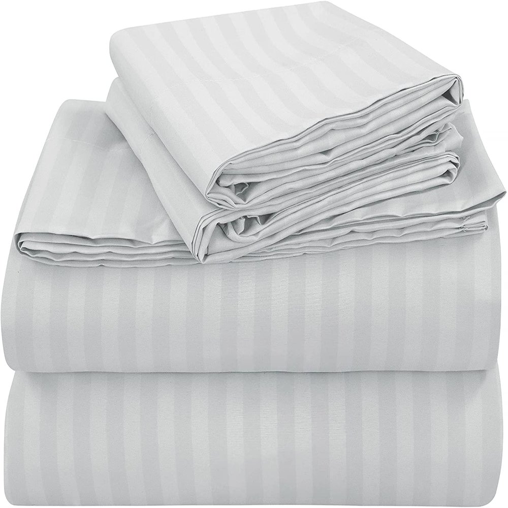 100% Egyptian Cotton, 6 - Piece Sheet Set, Pure Sateen Weave & 400 Thread Count Hotel-Collection Bedding Sheets with Fitted Sheet 15-16 Inches Deep Pocket-Light Grey Stripe,Twin-XXL Size.