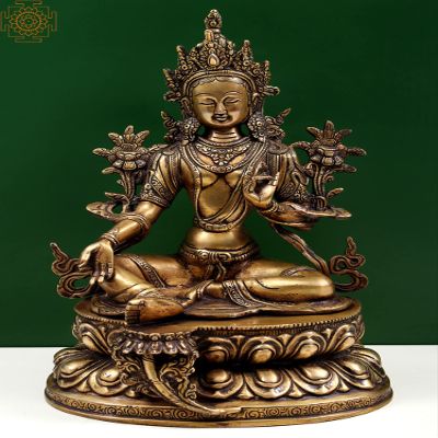 13" The Matchless Beauty of Green Tara in Brass | Handmade | Made in India - Brass Statue - Color Natural Brass