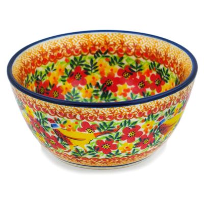 Polmedia Polish Pottery Bowl 5-inch UNIKAT - Magnificent Pheasant Pattern Handmade in Boleslawiec Poland + Certificate of Authenticity