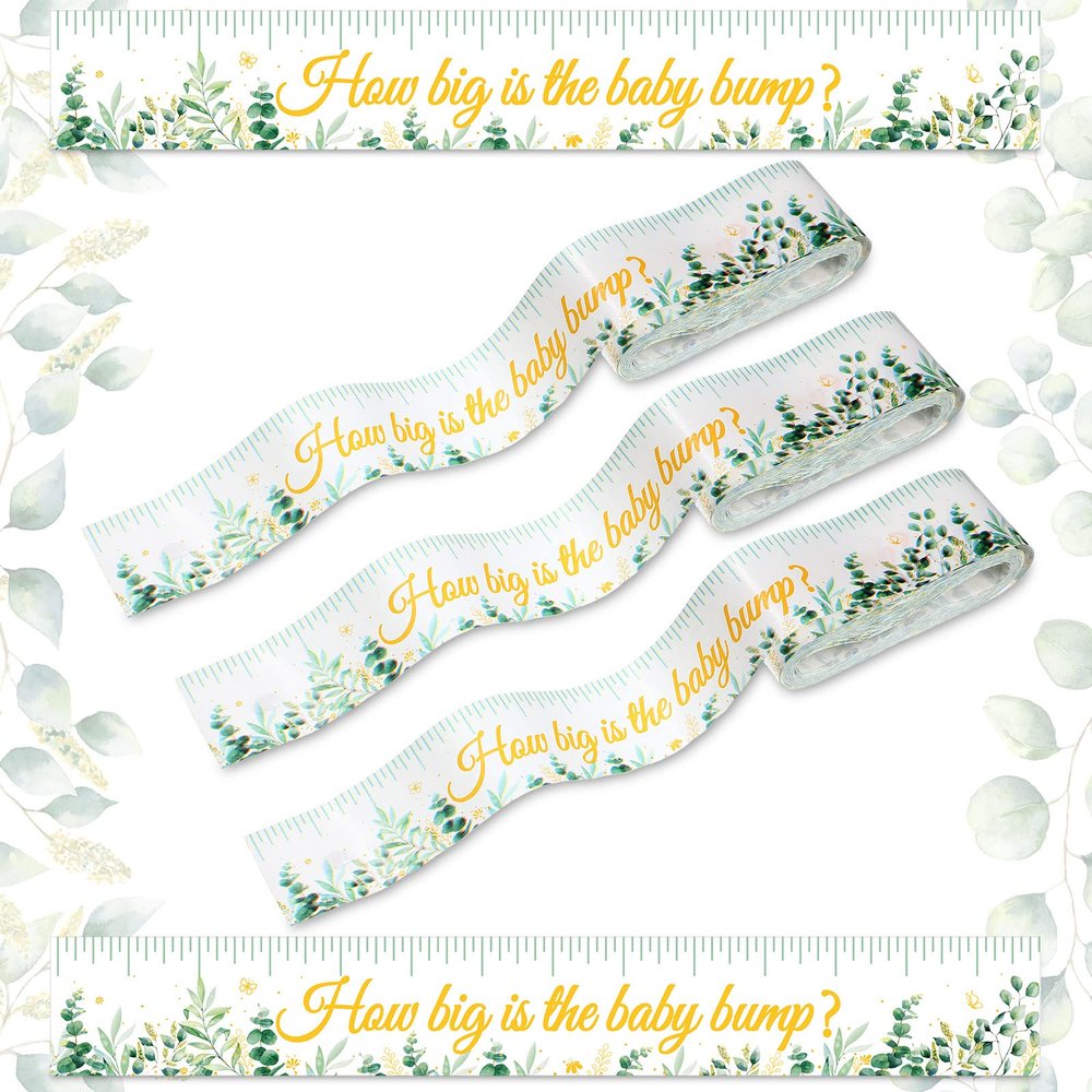 3 Rolls Baby Shower Measure Belly Game Baby Shower Games How Big Is Bump Belly Measuring Tape for Gender Reveal Games Party Supplies, 2 Inch x 115 Ft(Leaves Style)