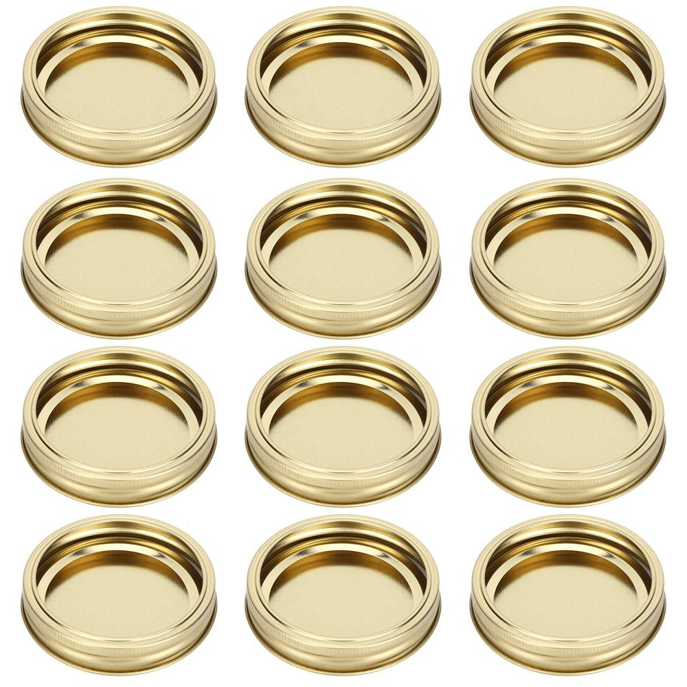 12pcs Mason Jar Lids, Stainless Steel 86mm Canning Lids with Rings Mason Jar Lids Split Type Wide Mouth Canning Lids and Rings Leakproof Sealing Covers(Gold)