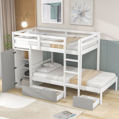 XIONGGG Twin Over Twin Bunk Bed with Built-in Storage Wardrobe and Two Drawers, Convertible Design, Solid Wood Bunk Bed for Kids, Teens