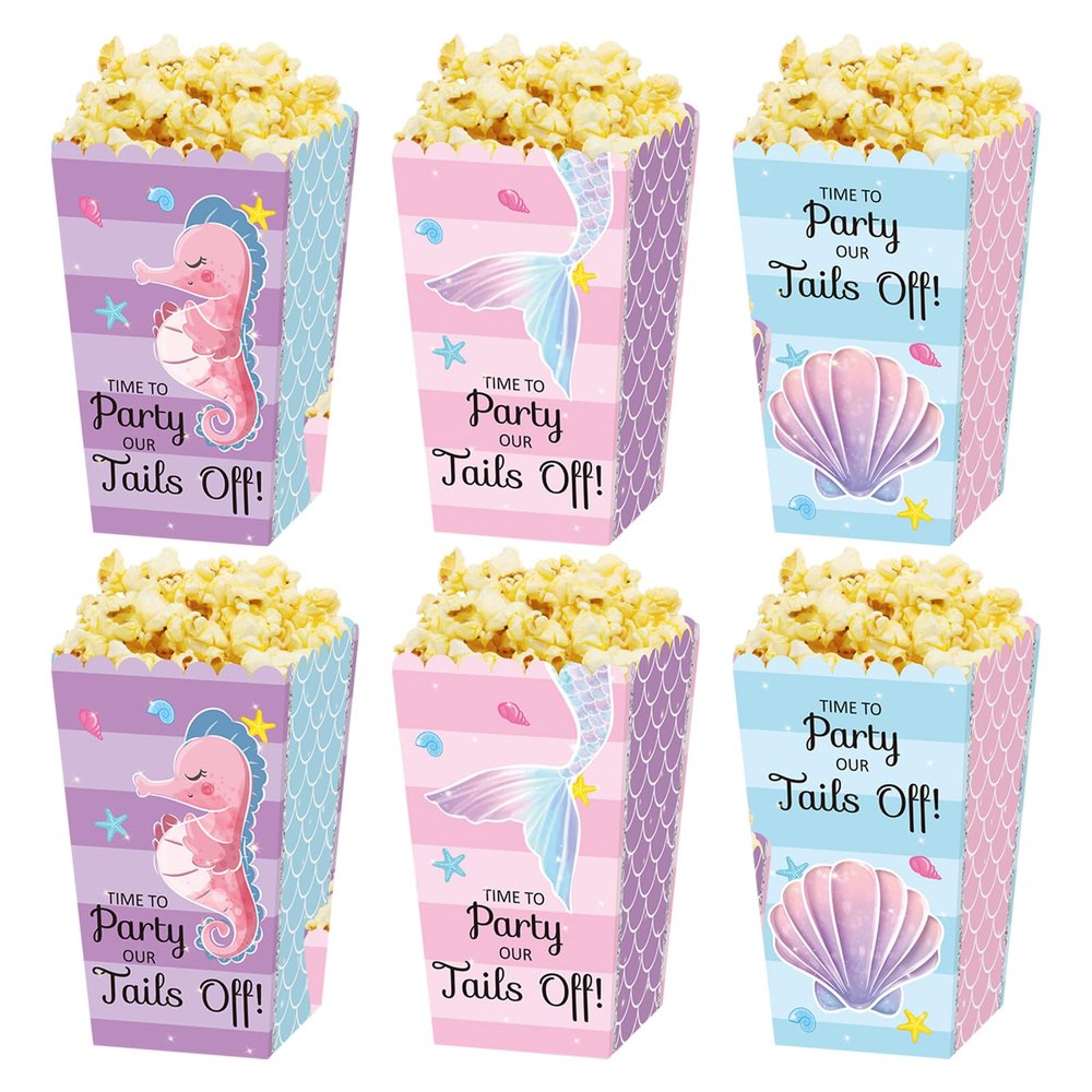 24 PCS Mermaid Popcorn Boxes, Mermaid Treat Boxes Candy Cookie Holder Container for Mermaid Birthday Themed Wedding Party Favors Supplies Dessert Decorations