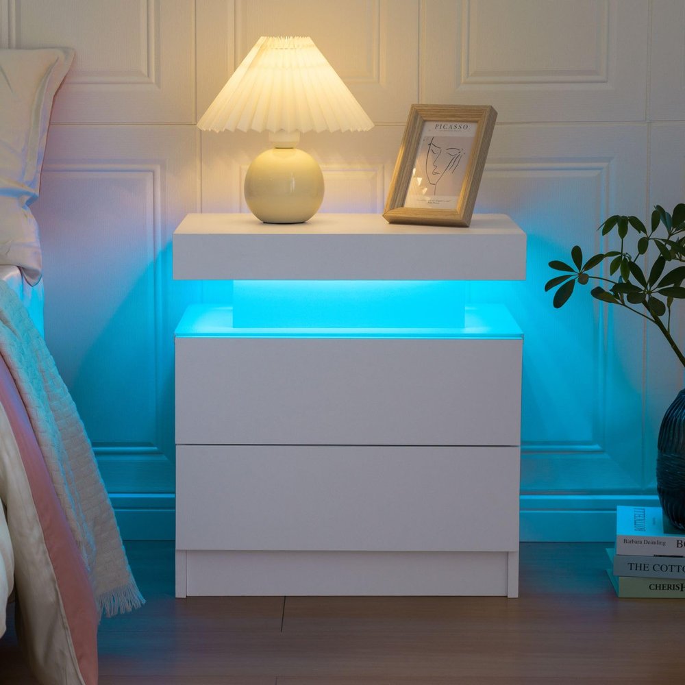 Bingoday LED Nightstands with 2 Drawers, End Table with RGB LED Lights for Bedroom Living Room, White Bedside Table