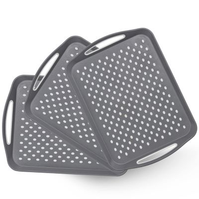17.7" x 12.5" Anti-Slip Serving Trays with Handles, 3 Pcs X-Large Rectangular Food Serving Tray for Lap, Reusable and Durable, Grey
