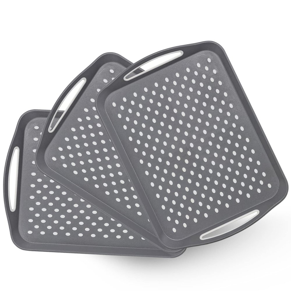 17.7" x 12.5" Anti-Slip Serving Trays with Handles, 3 Pcs X-Large Rectangular Food Serving Tray for Lap, Reusable and Durable, Grey