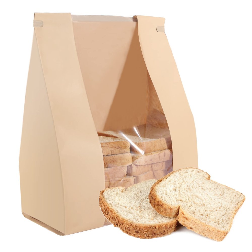 AeKahtay 50 Pack Bakery Bags with Window, 13.8 x 9.4 Inch Large Paper Bread Bags for Homemade Bread, Tin Tie Tab Lock Brown Window Bag for Toast, Cookie, Loaf, Candy, Nuts