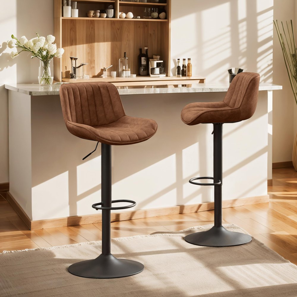 Art Leon Bar Stools, Set of 2, Morden Faux Leather Counter Height Bar Stools with Back, Adjustable Swivel Stool Chair for Home Kitchen Island Pub, Black Powder Coated Base, Yellow Brown