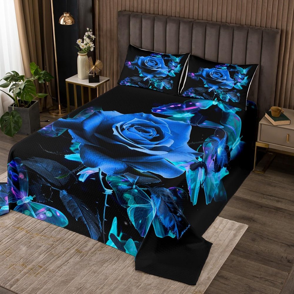 Blue Rose Coverlet Set Rose Floral Bedspread Galaxy Gradient Butterfly Flower Quilt Set for Kids Boys Girls Women Couple Lover Romantic Valentine's Day Quilted Bedroom Collection Room Decor Queen Size