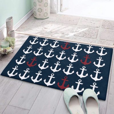 Absorbent Bath Rugs Fluffy Shag Plush Bathroom Doormat Indoor Shaggy Carpet Red White Anchor Nautical Theme Non Slip Super Soft Floor Mats Navy Dark Blue Back for Bedroom/Living Room Front Door