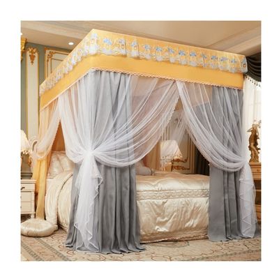 Bed Canopy Mosquito Net for Single Double Bed, Square Top Big Space Bed Curtain Girl Romantic Lace Bedroom Decoration, Metal Stand (Color : Grey+Yellow-1, Size : 180X220X200CM)