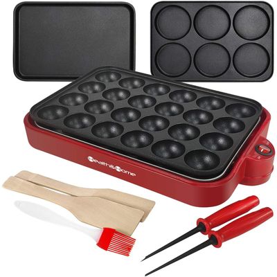 Health and Home Multifunction Nonstick Baking Maker with 3 Interchangeable Baking Plates for Fried Eggs, Fried Steak, Takoyaki, Cake Pops, Grill Maker, RED-1
