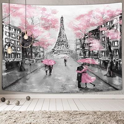 Drgilau Paris Eiffel Tower Tapestry Wall Hanging, Pink Wall Decor Tapestries Eiffel Tower Aesthetic France Romantic Wall Art Tapestry for Woman Teen Girls Bedroom Living Room Dorm