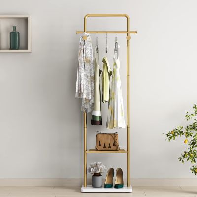 TIEOU Gold Clothes Racks with Shelf, Heavy Duty Gold Clothing Racks for Boutiques, Free-Standing Metal Garment Rack for Hanging Clothes, Modern Coat Rack Entryway