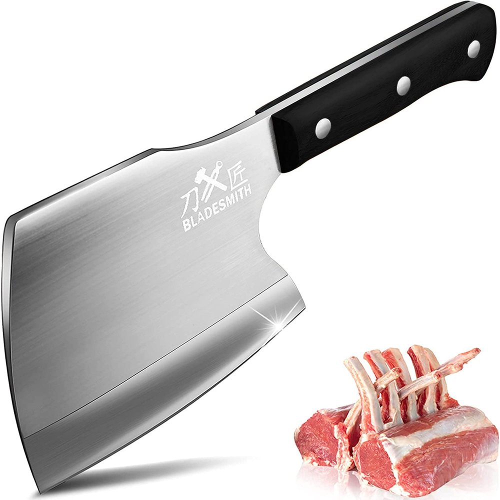 BLADESMITH Bone Cleaver Knife, Full Tang, Heavy Duty use, for Big Bones and frozen meat, Axe Blade Shape, 2lbs -7mm Thickness high Carbon Steel, Black wood Handle,2025 Gifts