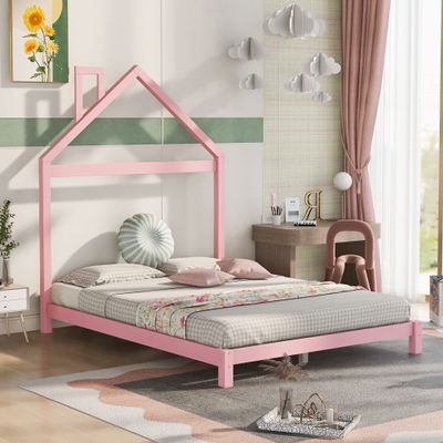 AOCHUANG Wood Platform Bed with House-Shaped Headboard, Full Size Platform Bed with Chimney Design and Wood Slats Support for Kids Teens, No Box Spring Needed (Pine-Full)