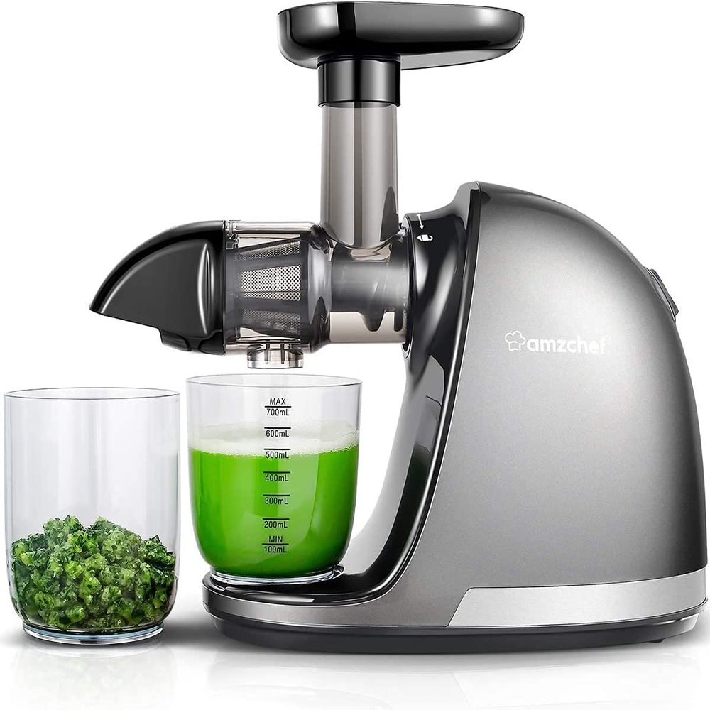 AMZCHEF Cold Press Masticating Juicer Machine - 90% Yield Reverse System, Quiet Motor for Home & Breakfast, 3-Step Clean with Brush, Includes 50+ Juice Recipes, Light Grey