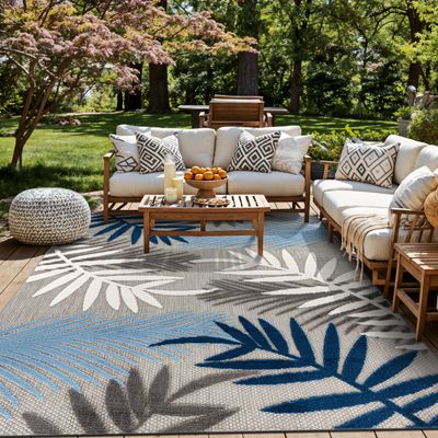 Rugshop Blue Palm Frond Indoor/Outdoor Area Rug Non-Shedding Easy Cleaning for Backyard, Deck and Outdoor Lounge, 7'10" x 10'