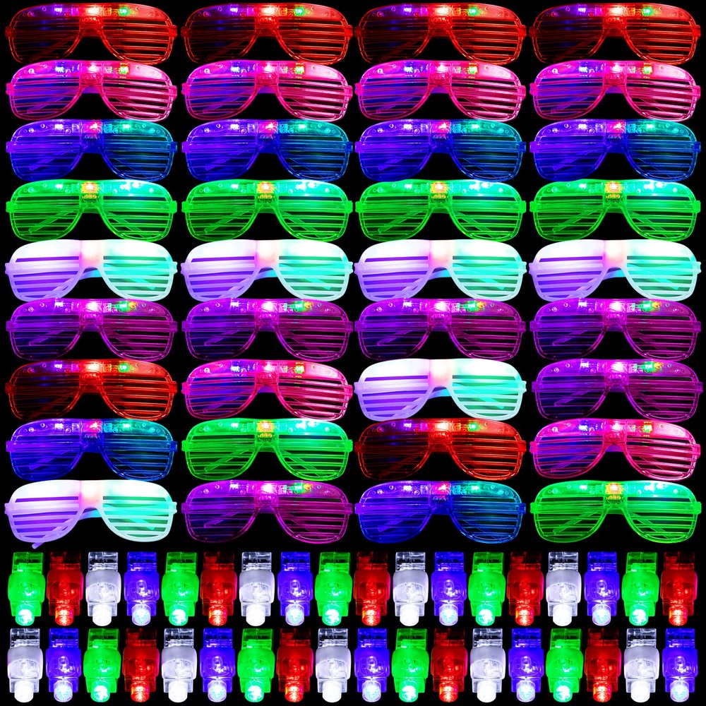 weilaga 72 Pack LED Light Up Neon Flashing Toys 6 Color Glow in the Dark Party Supplies with 36 LED Glasses Shutter Shades Glow, 36 Finger Ring Lights for Birthday,Easter, Carnival Rave Party
